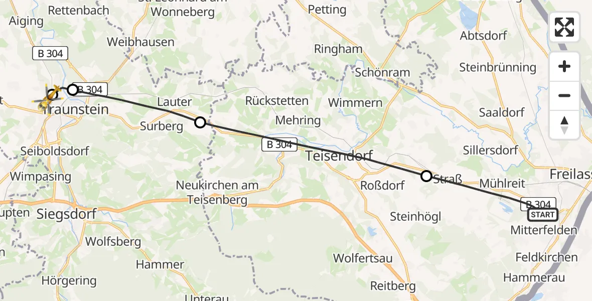 Flugroute Rettungshubschrauber Ainring - Traunstein Hospital, 20 Juli 2026, 13:07