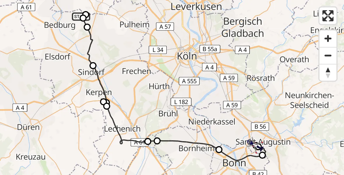 Flugroute Polizeihubschrauber Bedburg - Bonn-Hangelar Flugplatz, 20 Juli 2026, 13:09