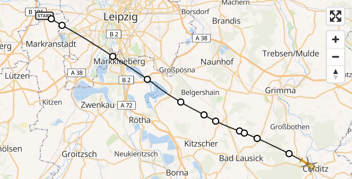 Flugroute Rettungshubschrauber Schkeuditz - Colditz, 20 Juli 2026, 13:11