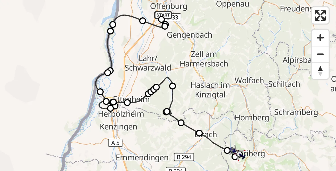 Flugroute Polizeihubschrauber Offenburg-Baden Flugplatz - Schonach im Schwarzwald, 20 Juli 2026, 13:12