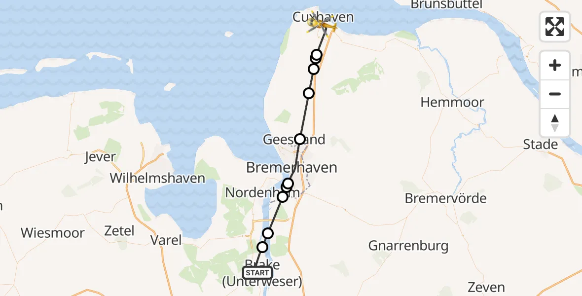Flugroute Rettungshubschrauber Brake (Unterweser) - Cuxhaven, 20 Juli 2026, 13:20