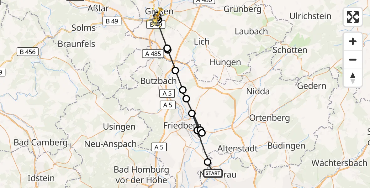 Flugroute Ambulanzhubschrauber Nidderau - Gießen University Hospital, 20 Juli 2026, 13:21