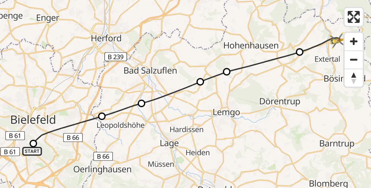Flugroute Rettungshubschrauber Luftrettungszentrum Bielefeld - Extertal, 20 Juli 2026, 13:22