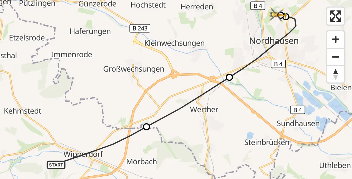 Flugroute Rettungshubschrauber Bleicherode - Südharz Hospital Nordhausen, 20 Juli 2026, 13:26