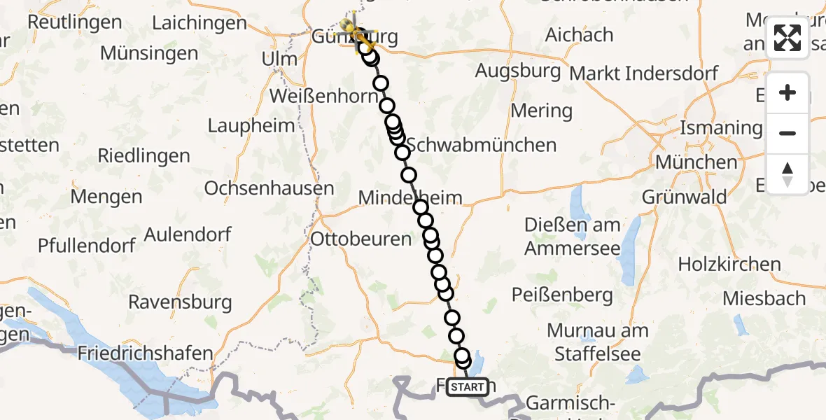 Flugroute Rettungshubschrauber Füssen - Günzburg Hospital, 20 Juli 2026, 13:29