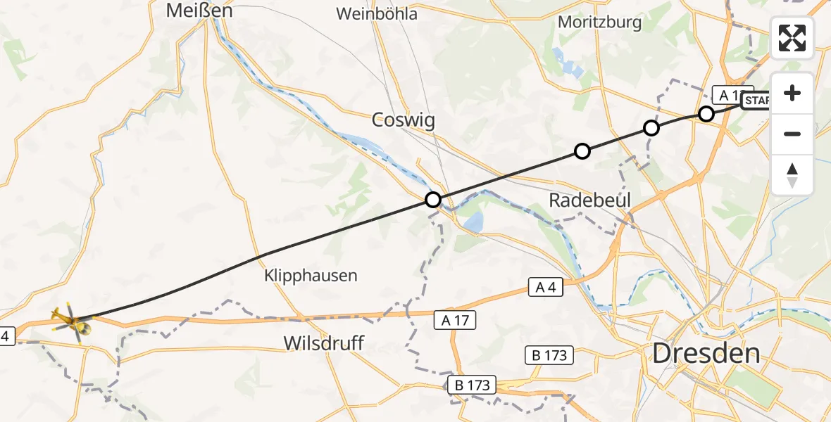 Flugroute Rettungshubschrauber Dresden Flughafen - Klipphausen, 20 Juli 2026, 13:30