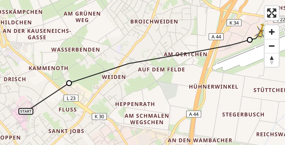 Flugroute Rettungshubschrauber Rhein-Maas Hospital - Aachen-Merzbrück Flughafen, 20 Juli 2026, 13:36