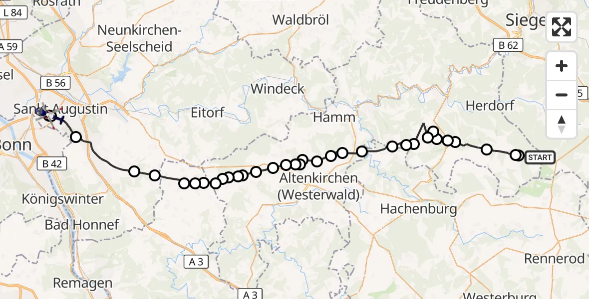 Flugroute Polizeihubschrauber Emmerzhausen - Sankt Augustin, 20 Juli 2026, 13:42