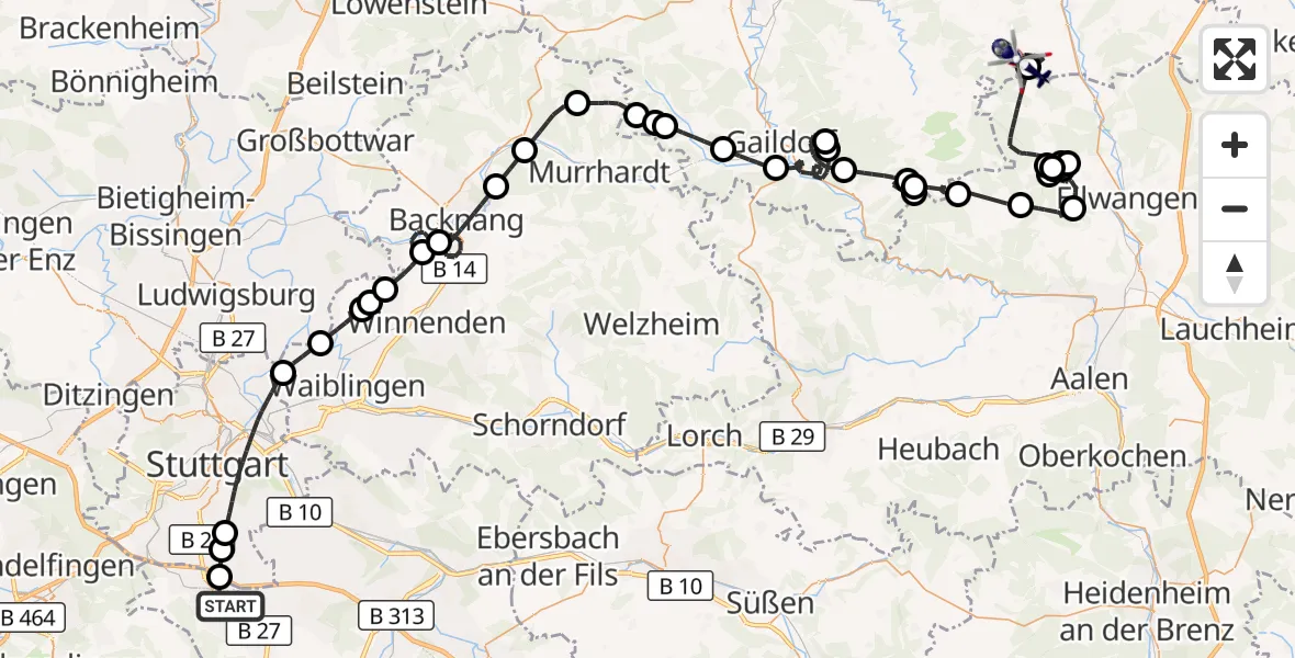 Flugroute Polizeihubschrauber Flughafen Stuttgart - Frankenhardt, 20 Juli 2026, 13:45