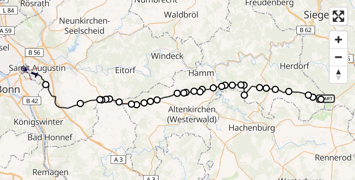 Flugroute Polizeihubschrauber Burbach - Bonn-Hangelar Flugplatz, 20 Juli 2026, 13:46