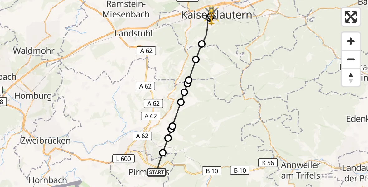 Flugroute Ambulanzhubschrauber Pirmasens - Westpfalz Hospital Kaiserslautern, 20 Juli 2026, 13:47