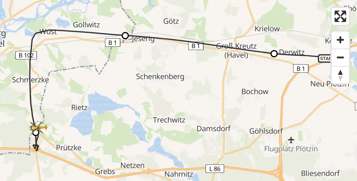 Flugroute Rettungshubschrauber Werder (Havel) - Kloster Lehnin, 20 Juli 2026, 13:48