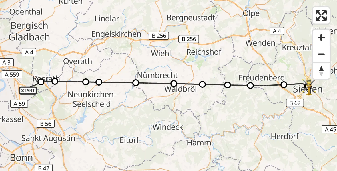Flugroute Ambulanzhubschrauber Köln Bonn Flughafen - Marien Hospital Siegen, 20 Juli 2026, 13:49