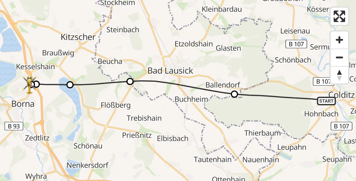 Flugroute Rettungshubschrauber Colditz - Sana Hospital Borna, 20 Juli 2026, 13:53