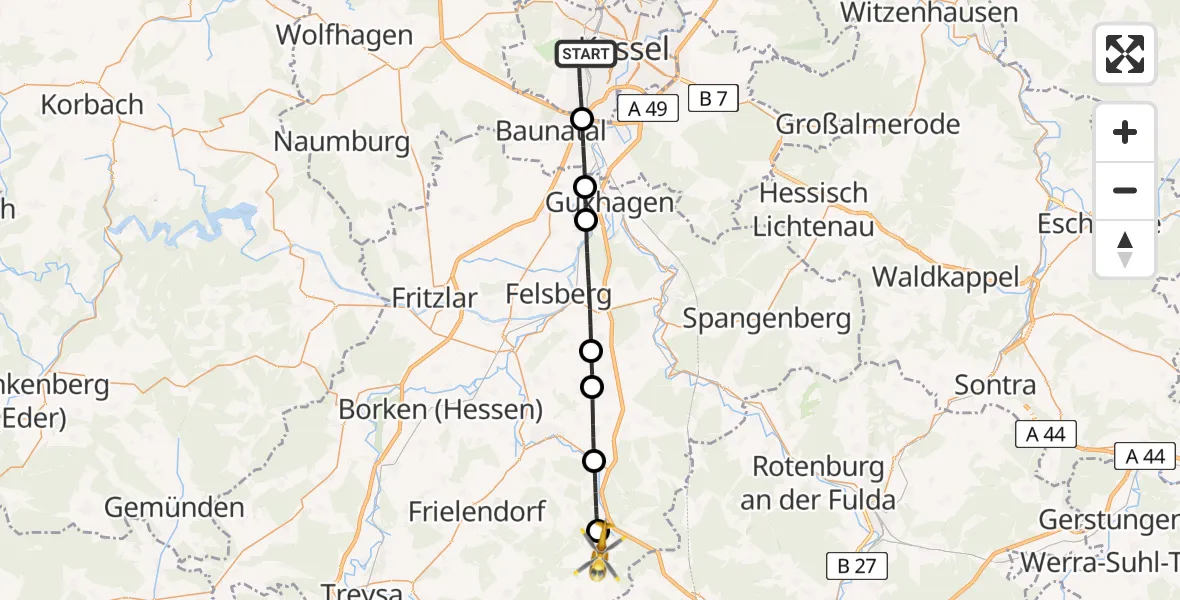 Flugroute Rettungshubschrauber Kassel - Homberg (Efze), 20 Juli 2026, 13:55