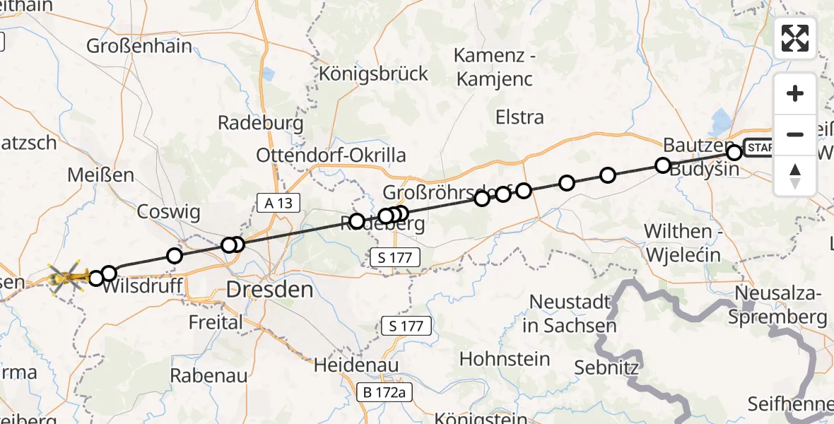 Flugroute Rettungshubschrauber Bautzen Flugplatz - Klipphausen, 20 Juli 2026, 13:57