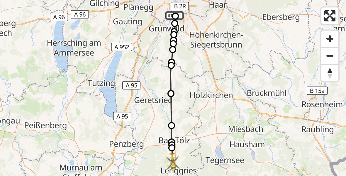 Flugroute Rettungshubschrauber ADAC Air Rescue Center Hubschrauberlandeplatz (Christoph 1) - Lenggries, 20 Juli 2026, 13:58