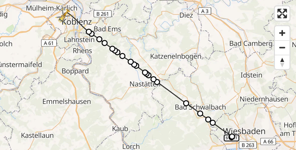 Flugroute Rettungshubschrauber Helios Horst Schmidt Clinic (HSK) - Koblenz, 20 Juli 2026, 14:03