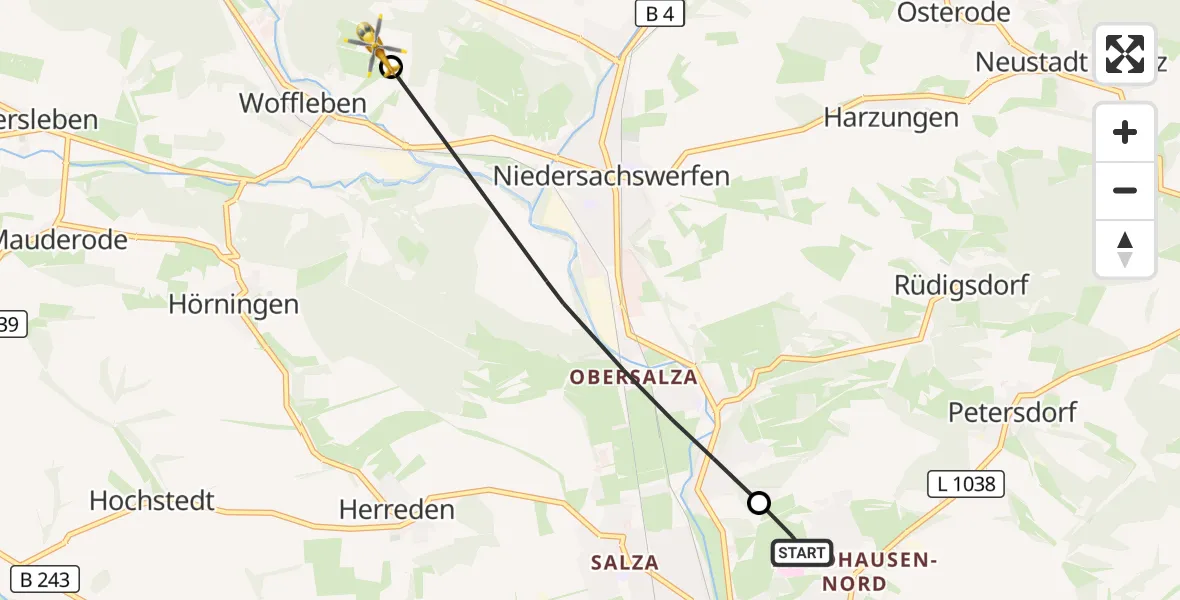 Flugroute Rettungshubschrauber Südharz Hospital Nordhausen - Ellrich, 20 Juli 2026, 14:10