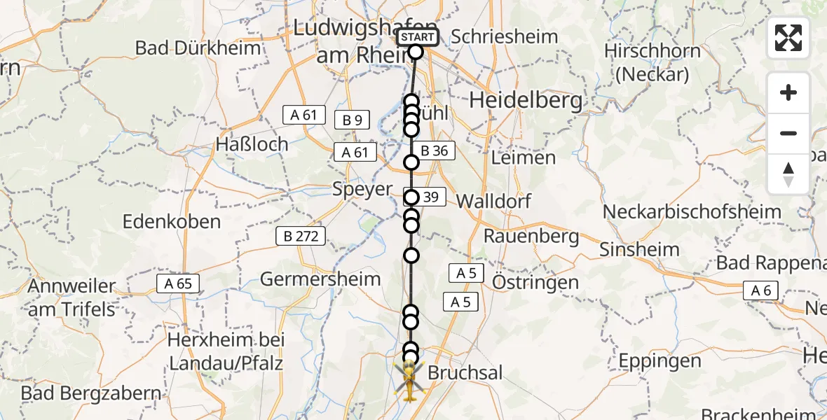 Flugroute Rettungshubschrauber Mannheim-City Flughafen - Stutensee, 20 Juli 2026, 14:10