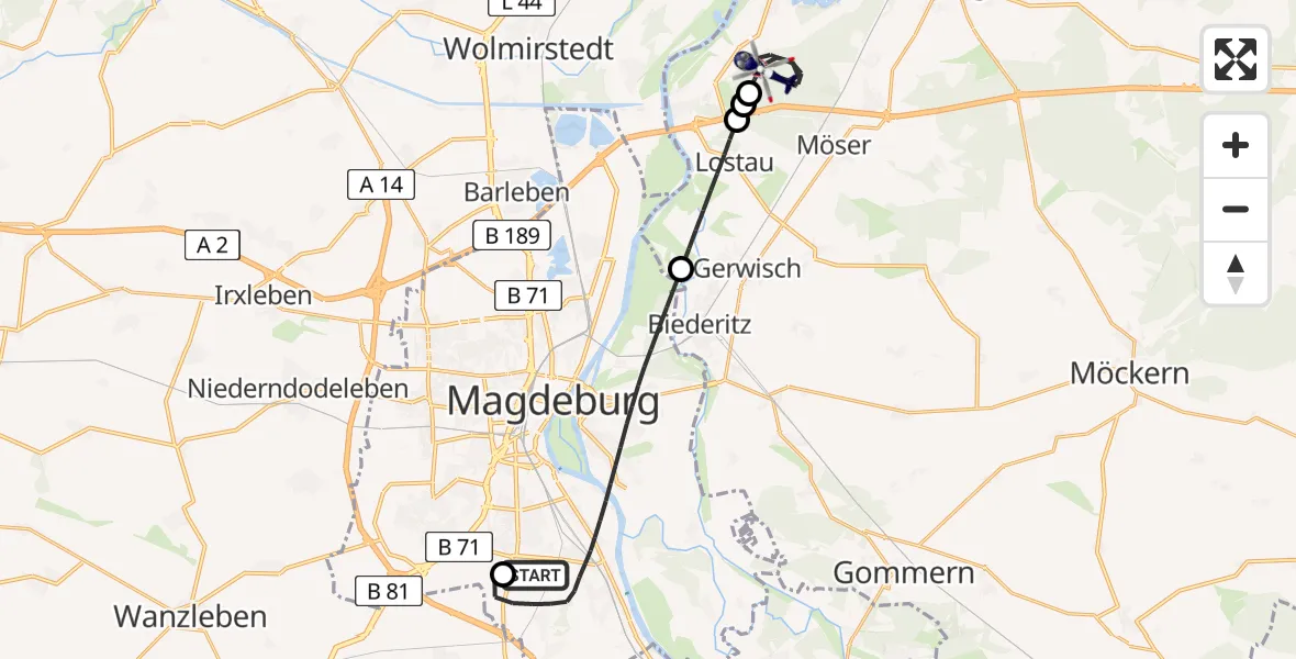 Flugroute Polizeihubschrauber Magdeburg City Flugplatz - Burg, 20 Juli 2026, 14:10