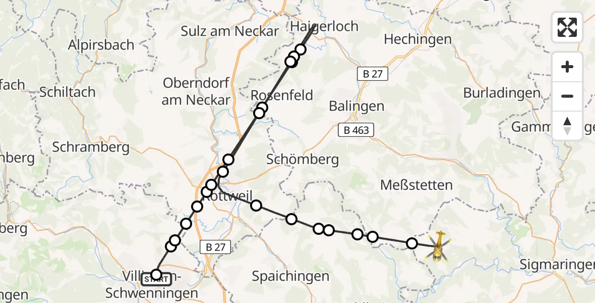 Flugroute Ambulanzhubschrauber DRF Air Rescue Station Villingen-Schwenningen Hubschrauberlandeplatz (Christoph 11) - Schwenningen, 20 Juli 2026, 14:10