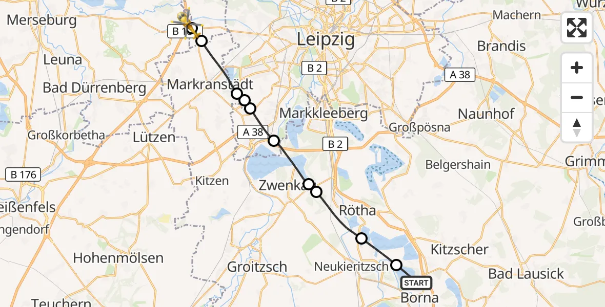 Flugroute Rettungshubschrauber Borna - ADAC Air Rescue Station Leipzig/Schkeuditz-Dölzig Hubschrauberlandeplatz (Christoph 61), 20 Juli 2026, 14:13