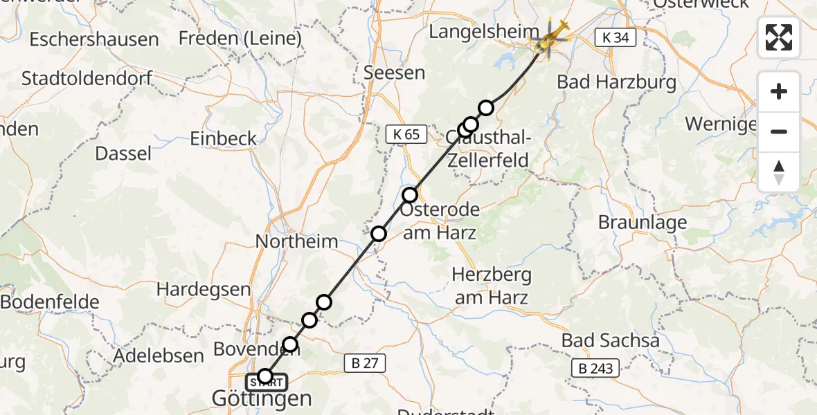 Flugroute Rettungshubschrauber Göttingen University Clinic Hubschrauberlandeplatz - Goslar, 20 Juli 2026, 14:15