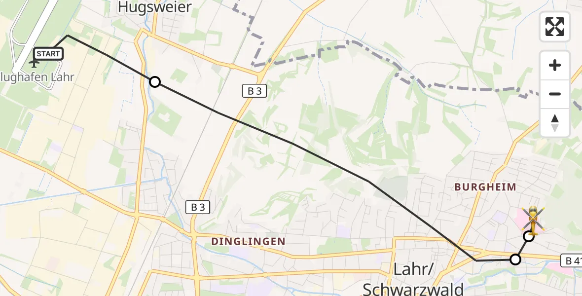Flugroute Rettungshubschrauber Lahr Flughafen - Ortenau Hospital Lahr-Ettenheim, 20 Juli 2026, 14:18