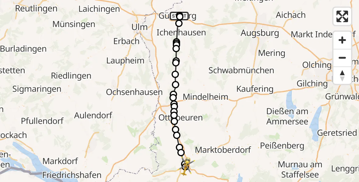 Flugroute Rettungshubschrauber Günzburg Hospital - Kempten-Durach Flugplatz, 20 Juli 2026, 14:21