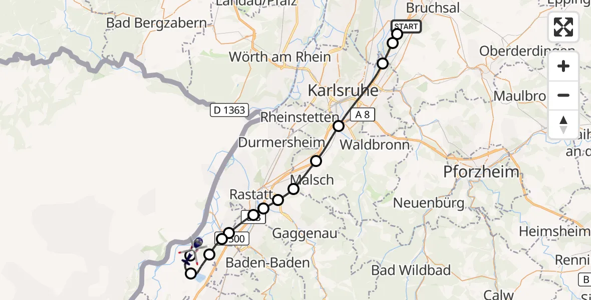 Flugroute Polizeihubschrauber Bruchsal - Karlsruhe Baden-Baden Flughafen, 20 Juli 2026, 14:26