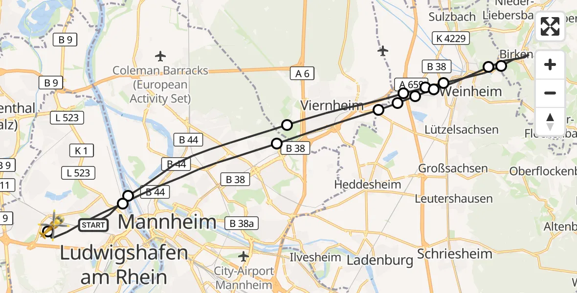 Flugroute Rettungshubschrauber Ludwigshafen am Rhein - Ludwigshafen Accident Hospital, 20 Juli 2026, 14:26