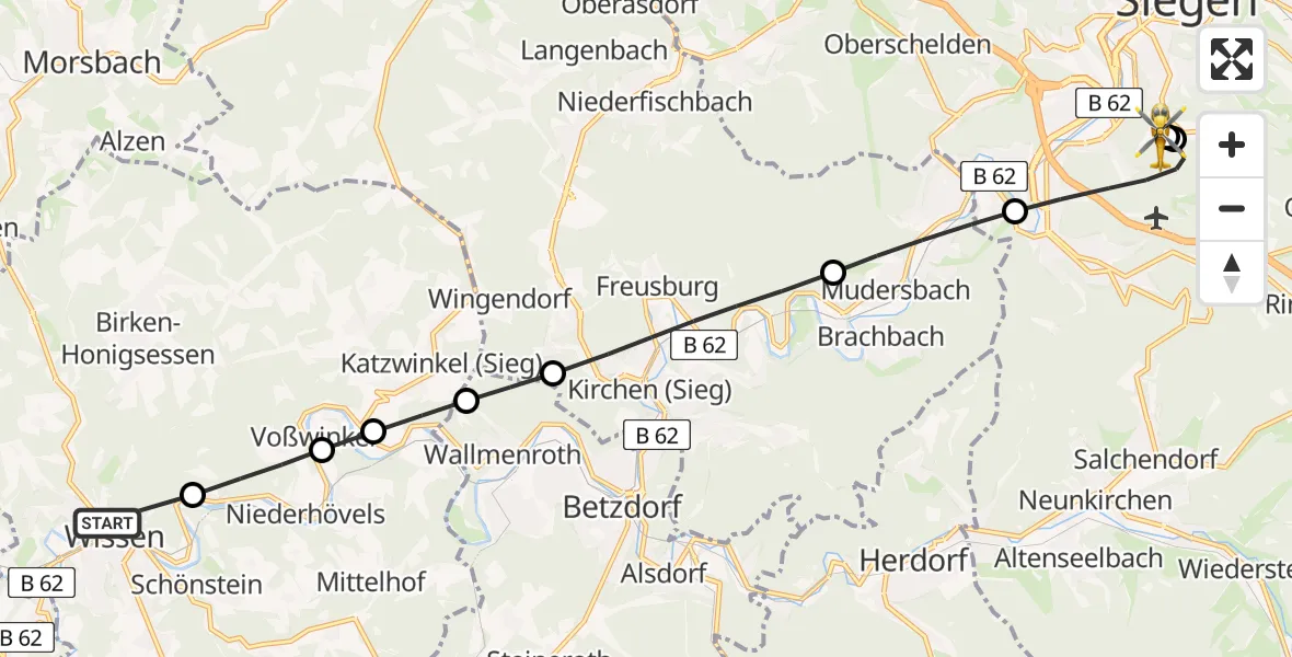Flugroute Rettungshubschrauber Wissen - Evangelisches Jung-Stilling Hospital, 20 Juli 2026, 14:26