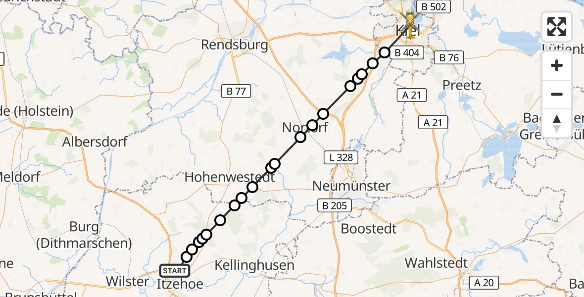 Flugroute Rettungshubschrauber Itzehoe - Kiel, 20 Juli 2026, 14:27