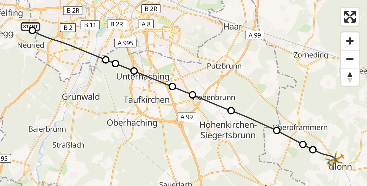 Flugroute Rettungshubschrauber DRF Air Rescue München Hubschrauberlandeplatz - Glonn, 20 Juli 2026, 14:29