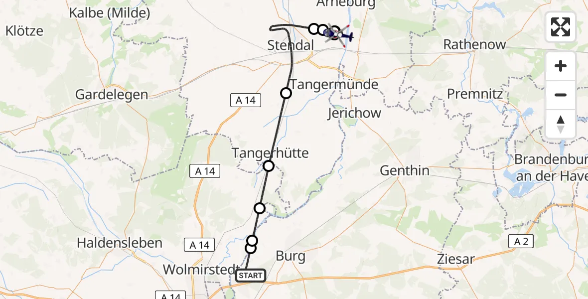 Flugroute Polizeihubschrauber Burg - Tangermünde, 20 Juli 2026, 14:30