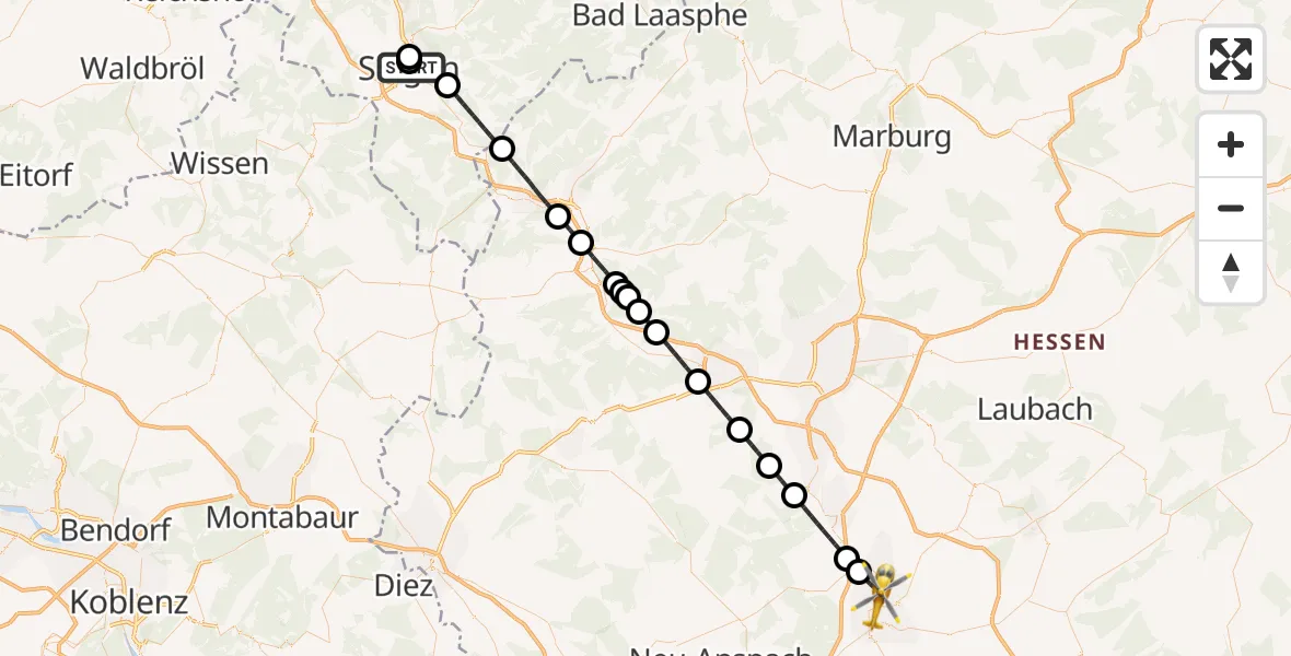 Flugroute Ambulanzhubschrauber Marien Hospital Siegen - Bad Nauheim, 20 Juli 2026, 14:30