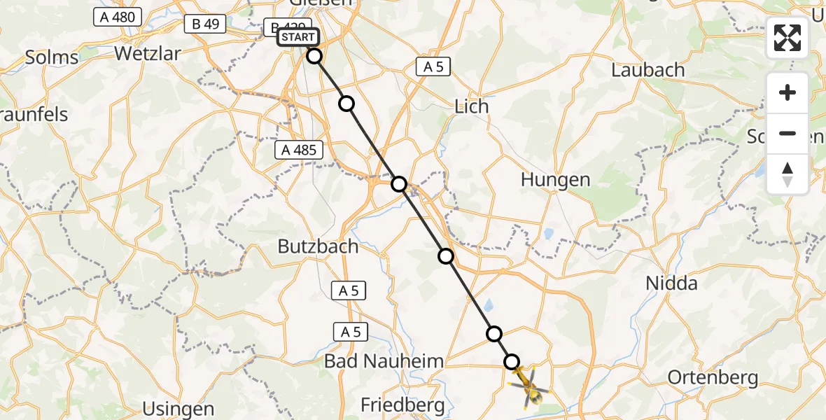 Flugroute Ambulanzhubschrauber Gießen - Reichelsheim (Wetterau), 20 Juli 2026, 14:37
