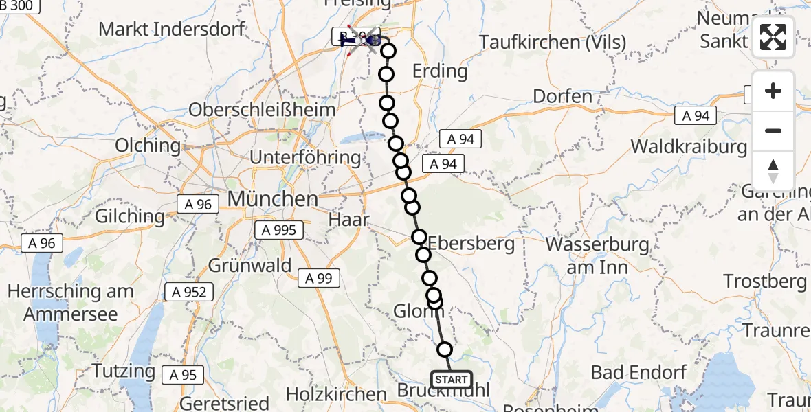 Flugroute Polizeihubschrauber Bruckmühl - München Flughafen, 20 Juli 2026, 14:38