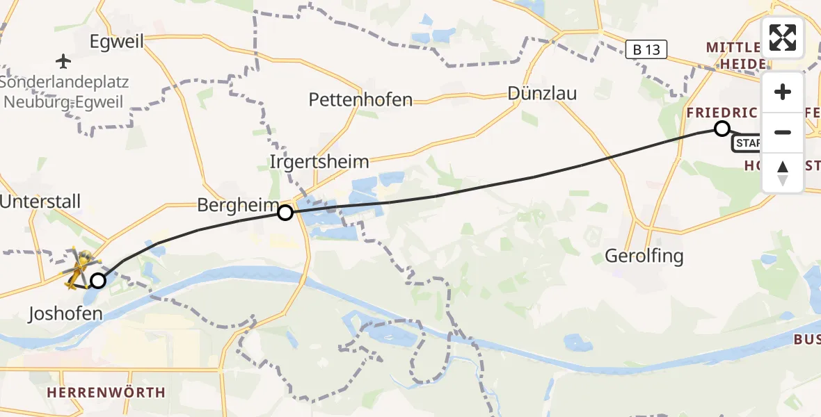 Flugroute Rettungshubschrauber Ingolstadt Hospital - Neuburg a.d.Donau, 20 Juli 2026, 14:39