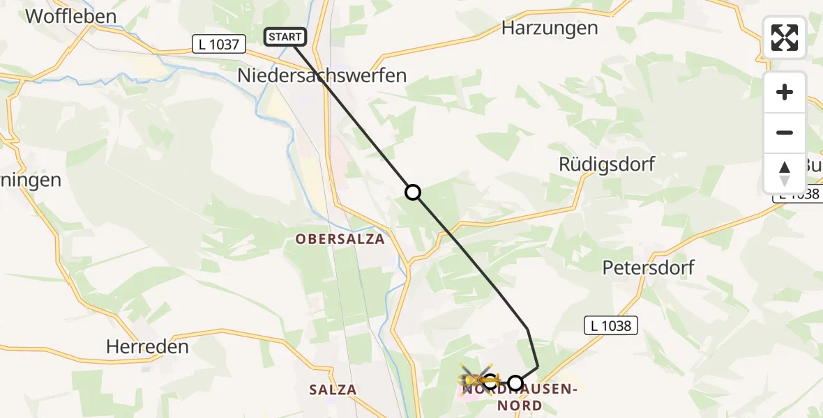 Flugroute Rettungshubschrauber Harztor - Südharz Hospital Nordhausen, 20 Juli 2026, 14:41