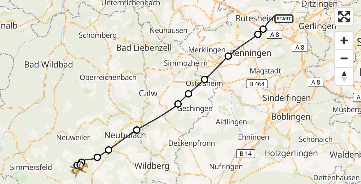 Flugroute Rettungshubschrauber Leonberg - Altensteig, 20 Juli 2026, 14:43