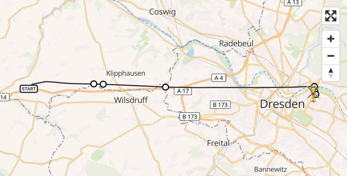 Flugroute Rettungshubschrauber Klipphausen - Dresden University Hospital, 20 Juli 2026, 14:43