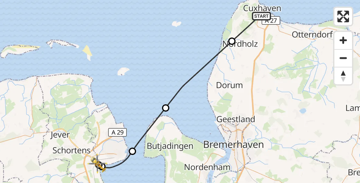 Flugroute Rettungshubschrauber Cuxhaven - JadeWeser Flughafen, 20 Juli 2026, 14:45