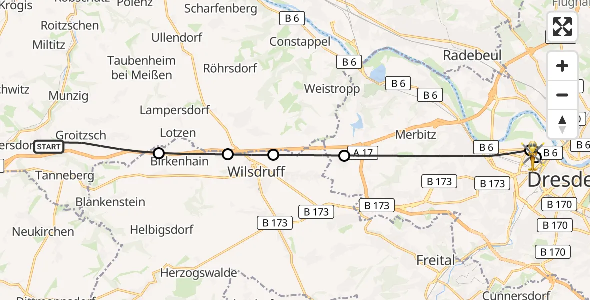 Flugroute Rettungshubschrauber Klipphausen - Dresden Friedrichstadt Hospital, 20 Juli 2026, 14:51
