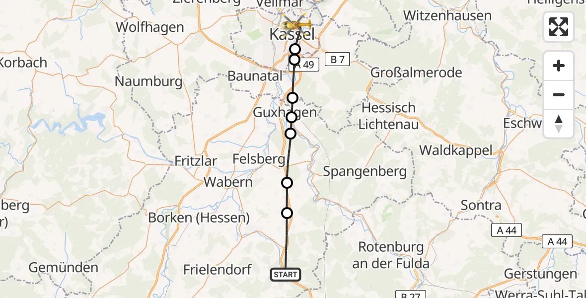 Flugroute Rettungshubschrauber Knüllwald - Kassel, 20 Juli 2026, 14:52