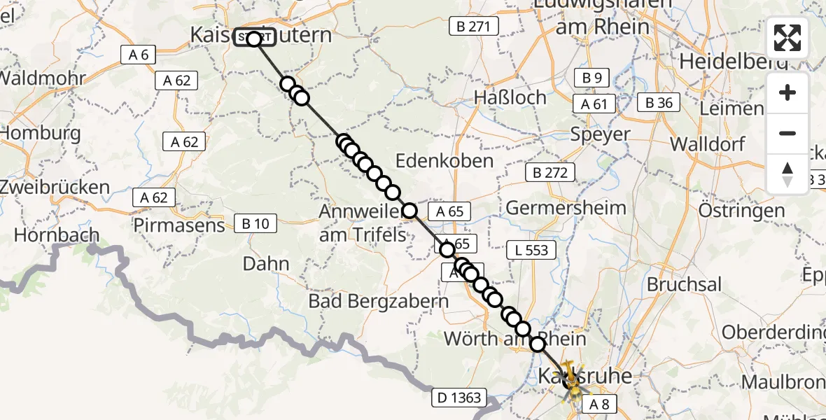 Flugroute Ambulanzhubschrauber Westpfalz Hospital Kaiserslautern - Sankt Vincentius Hospital, 20 Juli 2026, 14:53