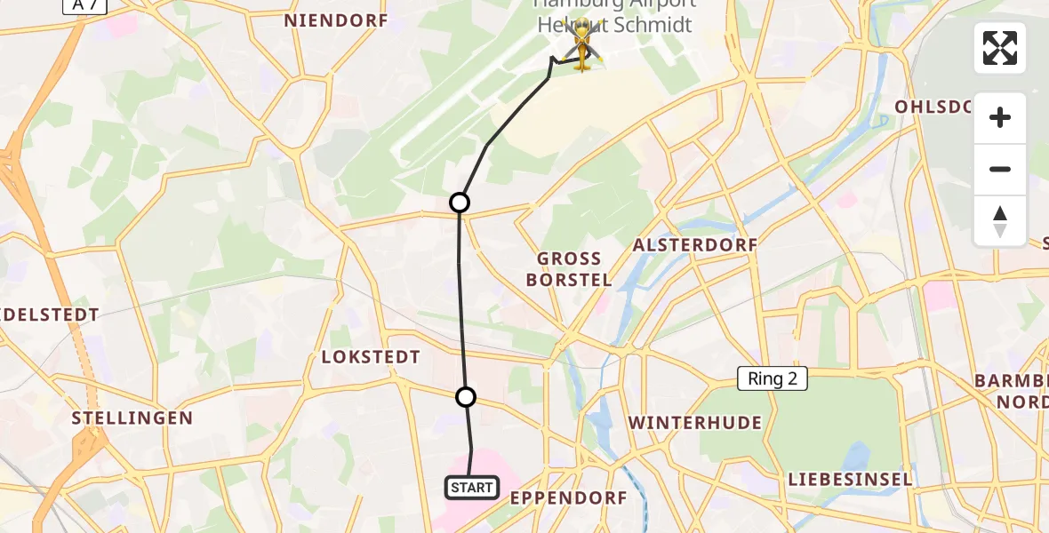 Flugroute Rettungshubschrauber Universitätsklinikum Hamburg-Eppendorf Hubschrauberlandeplatz - Hamburg Helmut Schmidt Flughafen, 20 Juli 2026, 14:55