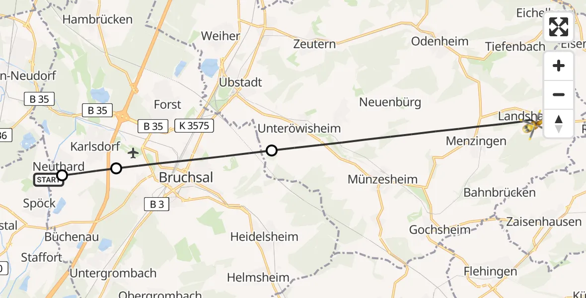 Flugroute Rettungshubschrauber Stutensee - Kraichtal, 20 Juli 2026, 14:59