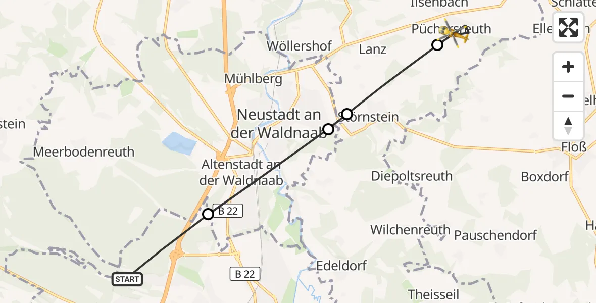 Flugroute Ambulanzhubschrauber Weiden i.d.OPf. - Püchersreuth, 20 Juli 2026, 14:58